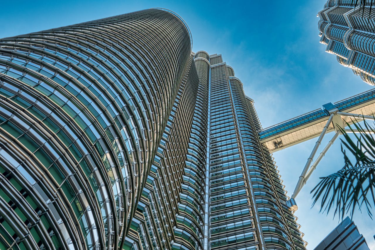 Low-angle shot of high-rise buildings.