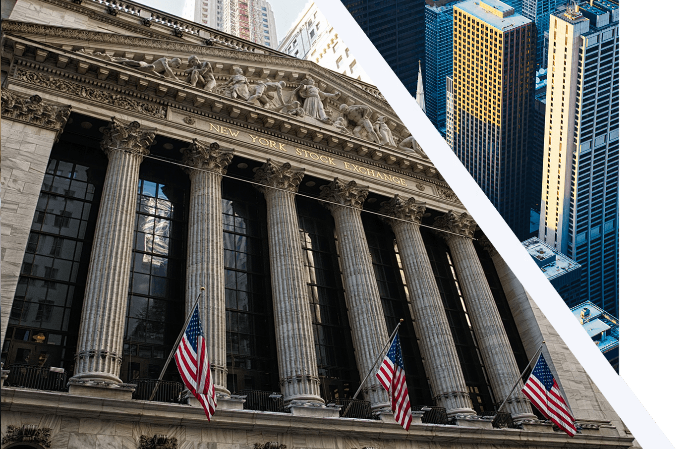 New York Stock Exchange building and Manhattan skyscrapers.
