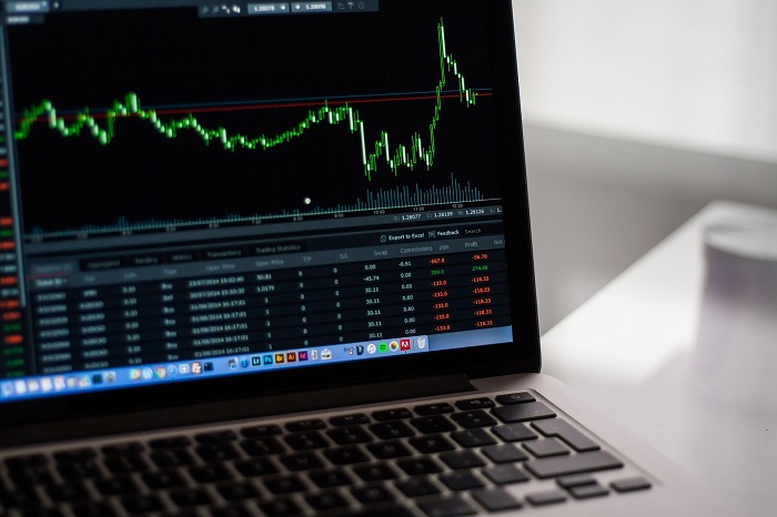 Financial market data and charts displayed on a laptop screen