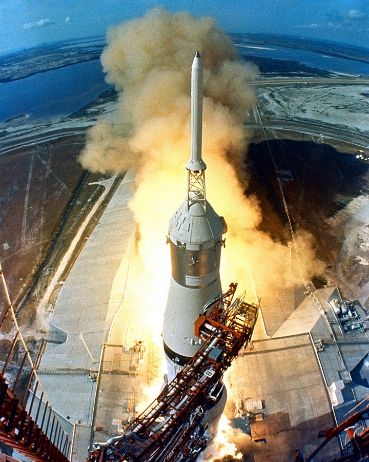 Rocket launch representing aerospace and defense operations